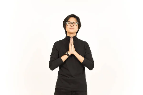 Hajtogatott Kezek Csukott Szemmel Imádkozás Jóképű Ázsiai Férfi Elszigetelt Fehér — Stock Fotó