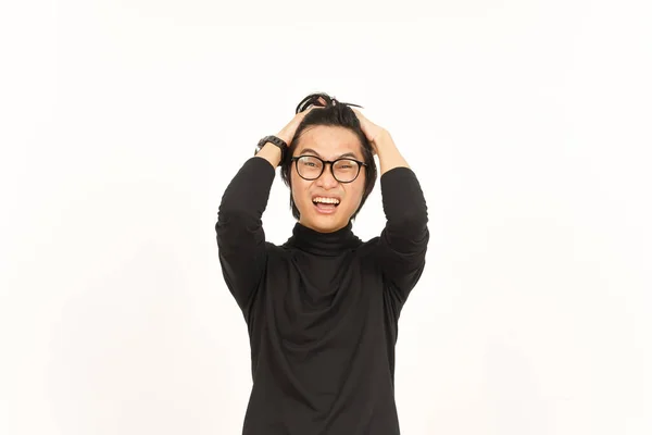 Angry Stressed Pull Hair Handsome Asian Man Isolated White Background — Stok fotoğraf