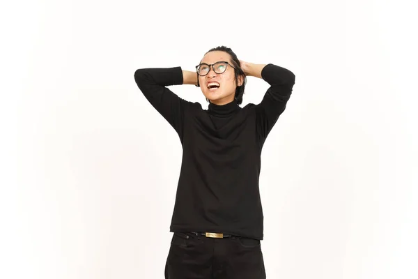 Angry Stressed Pull Hair Handsome Asian Man Isolated White Background — Stockfoto