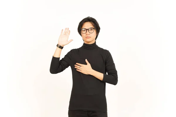 Mão Peito Fazendo Juramento Gestos Bonito Ásia Homem Isolado Branco — Fotografia de Stock