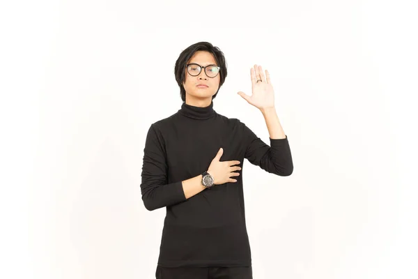 stock image Hand on Chest and Doing Swearing Gesture Of Handsome Asian Man Isolated On White Background