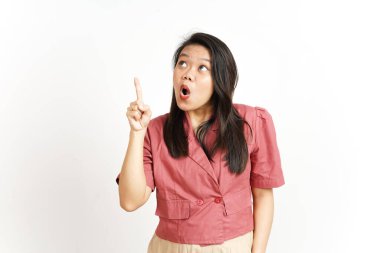 Beyaz arka planda tecrit edilmiş güzel Asyalı Kadın 'ın Ürünleri ve İşaretleri