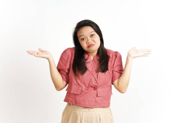 Beyaz arka planda tecrit edilmiş güzel bir Asyalı kadının jestini bilmiyorum.