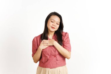 Beyaz arka planda tecrit edilmiş güzel Asyalı Kadın 'ın Minnettar Jesti