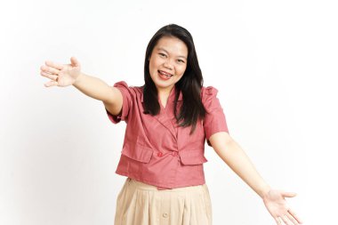 Beyaz Arkaplanda İzole Edilmiş Güzel Asyalı Kadının Sarılma Hareketi