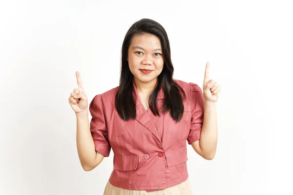Mostrando Produto Apontando Para Cima Bela Mulher Asiática Isolada Fundo — Fotografia de Stock