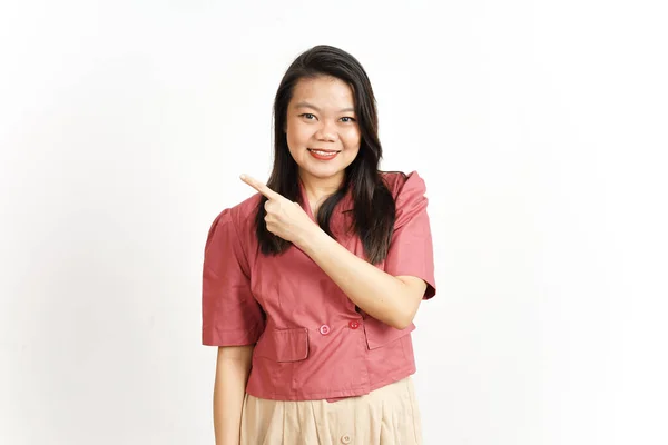 Ürün Şaret Tarafı Beyazda Tecrit Edilen Güzel Asyalı Kadın Şaretçisini — Stok fotoğraf
