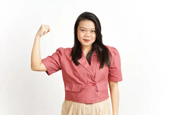 Zeigt Stärke Und Steigt Arme Der Schönen Asiatin Isoliert Auf — Stockfoto