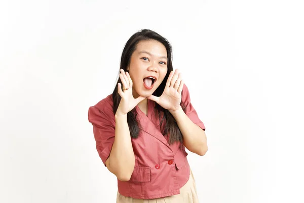 Anúncio Com Mãos Sobre Boca Bela Mulher Asiática Isolada Fundo — Fotografia de Stock