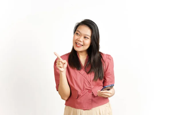 흰색으로 고립된 아름다운 아시아 여성의 집게손가락을 사용하여 스마트 — 스톡 사진