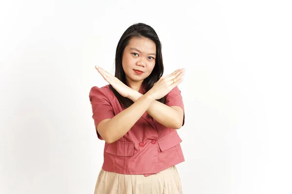Gekreuzte Hand Abstoßungsgeste Der Schönen Asiatischen Frau Auf Weißem Hintergrund — Stockfoto