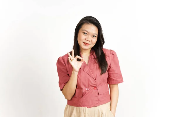 Toont Teken Van Mooie Aziatische Vrouw Geïsoleerd Witte Achtergrond — Stockfoto