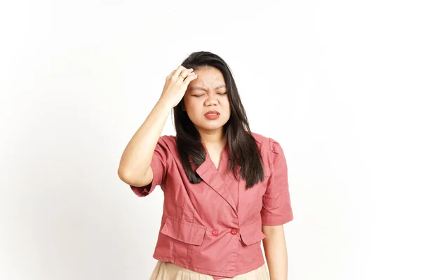 Leiden Kopfschmerzen Geste Der Schönen Asiatischen Frau Isoliert Auf Weißem — Stockfoto