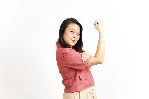 Visar Styrka Och Uppgång Armar Vackra Asiatiska Kvinna Isolerad Vit — Stockfoto