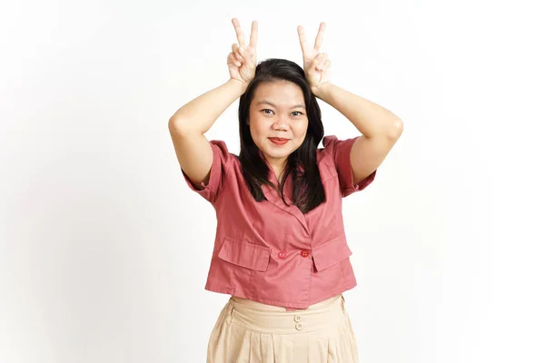 Showing Peace Finger Sign Beautiful Asian Woman Isolated White Background — Stock Photo, Image