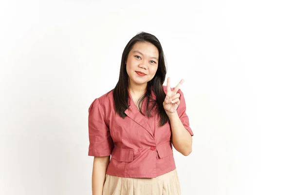 Beyaz Arka Planda Izole Edilmiş Güzel Asyalı Kadın Barış Parmağı — Stok fotoğraf