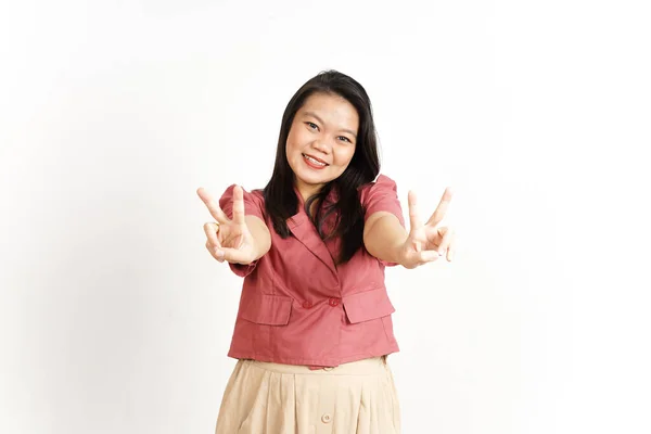 Zeigen Frieden Finger Zeichen Der Schönen Asiatischen Frau Isoliert Auf — Stockfoto