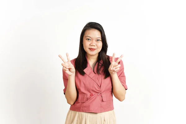 Zeigen Frieden Finger Zeichen Der Schönen Asiatischen Frau Isoliert Auf — Stockfoto