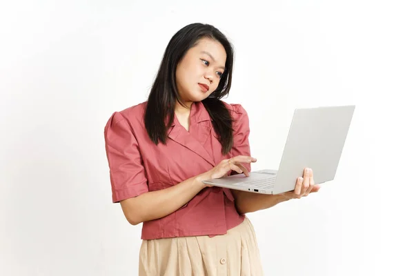 stock image Standing and Working With Laptop Of Beautiful Asian Woman Isolated On White Background