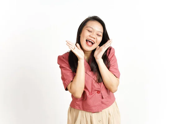 Ευτυχισμένος Και Χαμογελώντας Όμορφη Ασιατική Γυναίκα Απομονώνονται Λευκό Φόντο — Φωτογραφία Αρχείου