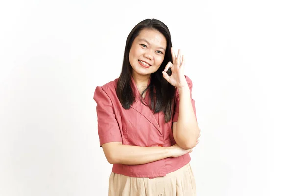 Visar Godkända Tecken Vacker Asiatisk Kvinna Isolerad Vit Bakgrund — Stockfoto