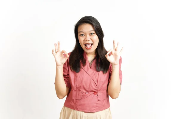 Beyaz Arka Planda Izole Edilmiş Güzel Asyalı Kadın Onaylanmış Işareti — Stok fotoğraf
