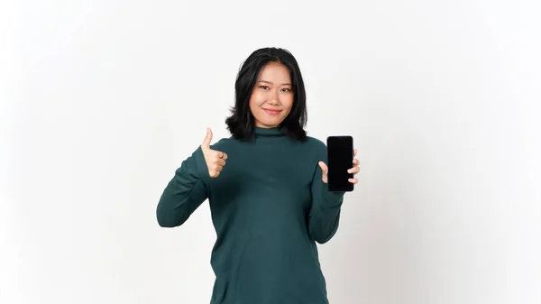 Смартфон Показує Порожній Екран Великі Пальці Вгору Красива Азіатська Жінка — стокове фото
