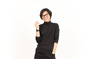 Beyaz Arkaplanda Tek Başına Yakışıklı Asyalı Adamın Banka Kartını Gösterme ve Bekleme