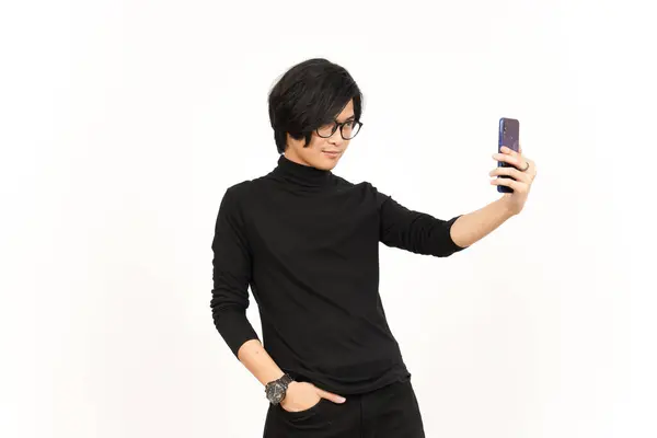 Tome Selfie Usando Smartphone Hombre Asiático Guapo Aislado Fondo Blanco —  Fotos de Stock