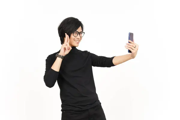 Take Selfie Using Smartphone Handsome Asian Man Isolated White Background — Stok Foto