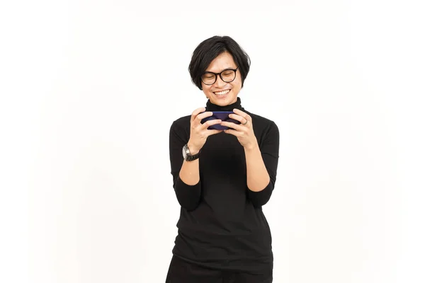 Handyspiel Auf Smartphone Von Hübschem Asiaten Auf Weißem Hintergrund — Stockfoto