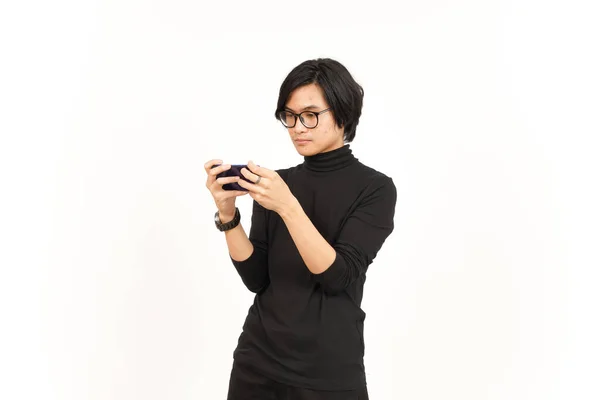 Jogar Jogo Móvel Smartphone Bonito Asiático Homem Isolado Fundo Branco — Fotografia de Stock