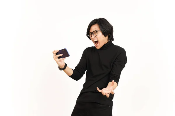 Jugar Juego Móvil Teléfono Inteligente Del Hombre Asiático Guapo Aislado —  Fotos de Stock