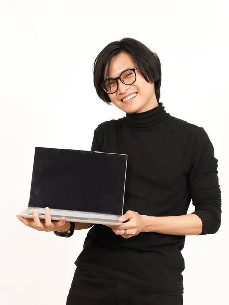 Showing Apps Ads Laptop Blank Screen Handsome Asian Man Isolated — Stock Photo, Image