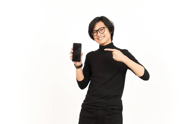 Mostrando Aplicativos Anúncios Tela Branco Smartphone Belo Homem Asiático Isolado — Fotografia de Stock
