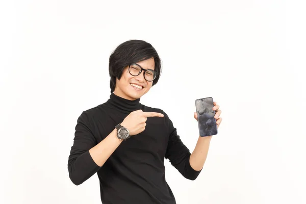 Програми Або Оголошення Порожньому Екрані Смартфон Красивої Азіатської Людини Ізольовані — стокове фото