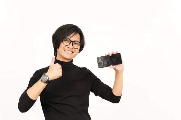 Mostrando Aplicativos Anúncios Tela Branco Smartphone Belo Homem Asiático Isolado — Fotografia de Stock
