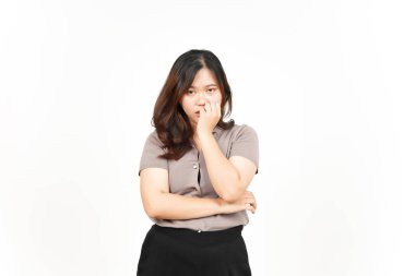 Afraid, nervous and bite nails Of Beautiful Asian Woman Isolated On White Background