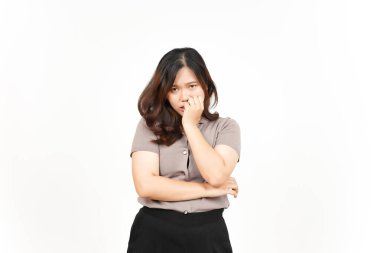 Afraid, nervous and bite nails Of Beautiful Asian Woman Isolated On White Background