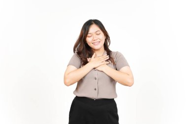 Beyaz arka planda tecrit edilmiş Asyalı Güzel Kadın 'ın Minnettar ve Kendine Sevgi Hareketi