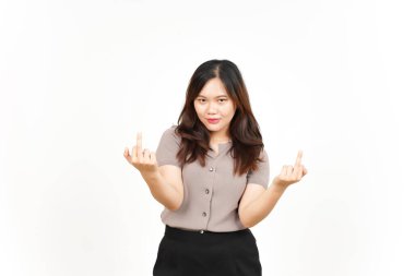 Beyaz arka planda tecrit edilmiş Asyalı Güzel Kadın 'ın Öfkeli ve Ortadaki Parmağı