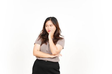 Beyaz arka planda tecrit edilmiş Güzel Asyalı Kadın 'ın Sıkıcı Hareketi