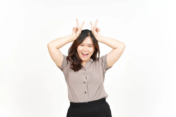 Het Tonen Van Vrede Teken Glimlachen Van Mooie Aziatische Vrouw — Stockfoto