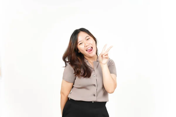 Showing Peace Sign Smiling Beautiful Asian Woman Isolated White Background — Stock Photo, Image