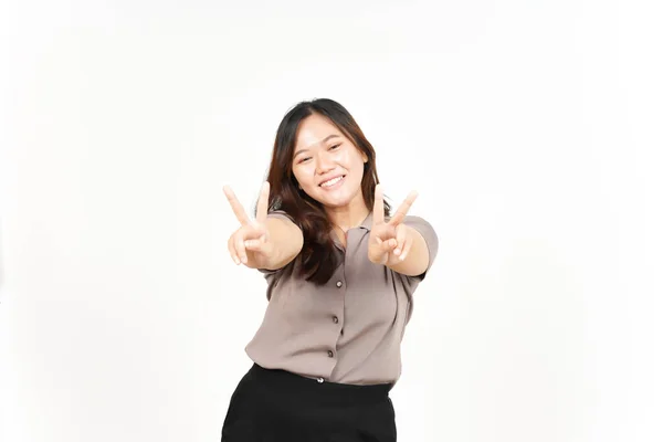 Zeigt Friedenszeichen Und Lächeln Der Schönen Asiatin Isoliert Auf Weißem — Stockfoto