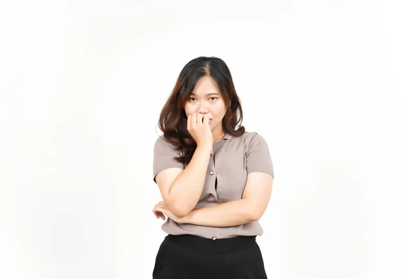 Afraid Nervous Bite Nails Beautiful Asian Woman Isolated White Background — Stock Fotó