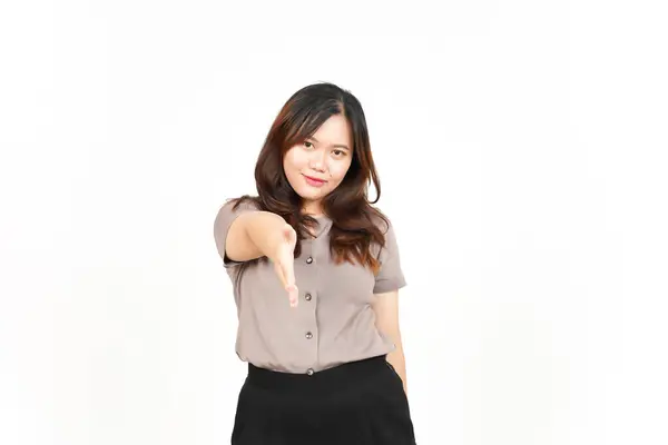 Oferecendo Gesto Aperto Mão Bela Mulher Asiática Isolada Fundo Branco — Fotografia de Stock