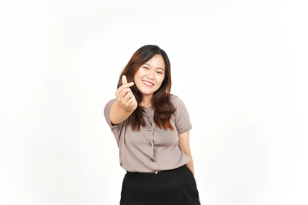 Asian Woman Showing Korean Love Sign White Background Smiling Brightly — Stock Photo, Image