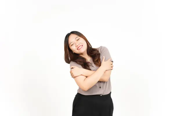 Smiling Hug Yourself Beautiful Asian Woman Isolated White Background — Stock Photo, Image