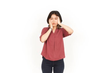 Beyaz arka planda izole edilmiş Asyalı güzel bir kadının sıkıcı jesti.